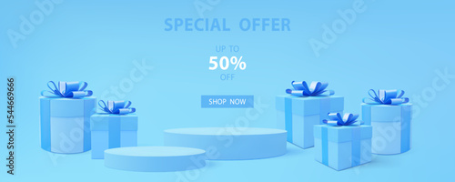 Gift box 3d vector. 3d present boxes web banner. Web page sale banner. Gift boxes. Discount special offer poster. Online shopping. Holiday presents sale.
