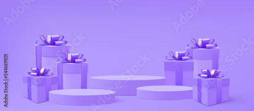 Gift boxes 3d vector background. 3d purple present boxes and podium. Realistic gift boxes. Holiday poster, web banner. Christmas, New Year, Valentines Day, Birthday present.