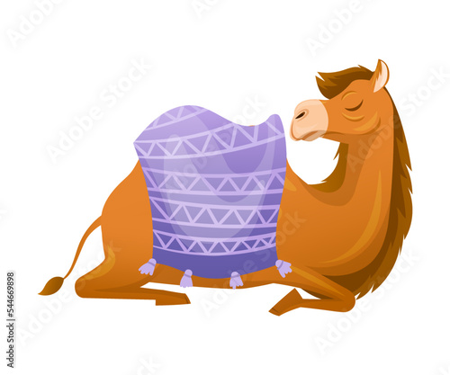 Brown Camel as Even-toed Ungulate Desert Animal with Saddle Sitting Vector Illustration