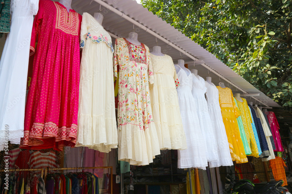 Shop with women's clothing. Large selection of women's dresses. India, Rishikesh.