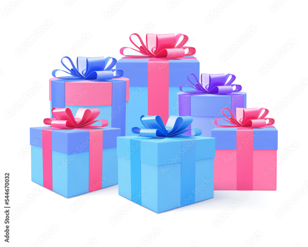 Obraz premium Gift box 3d colorful vector background. 3d present boxes set. Realistic gift boxes collection. Christmas, New Year, Valentines Day, Birthday present.