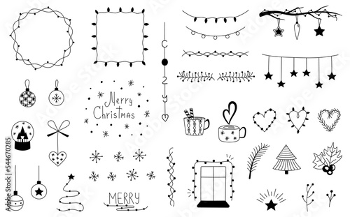Collection of Christmas doodles. Set of hand drawn Christmas frames, borders, garlands, Christmas decorations, snowflakes. Vector winter illustration for christmas decor