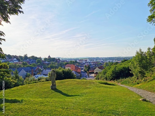 View from the castle to the town of Malenovice, Zlin Region, with a statue of the local Count Jaroslav Sternberg