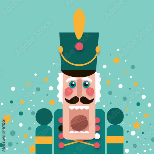 Nutcracker with open mouth and nut. Doll guard in paper cut style. Cute soldier toy. December Ballet party. Creative Merry Xmas invitation. Happy New Year. Winter holidays on green.