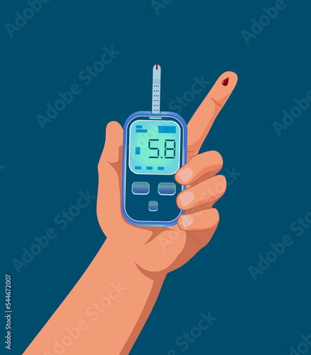 Hand holding a glucometer, ready analysis reading