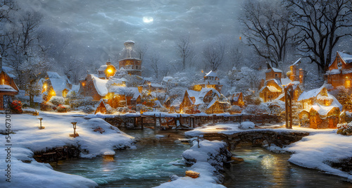 Obraz na plátně Beautiful Old Christmas Village snow rivers and ponds Illustration background