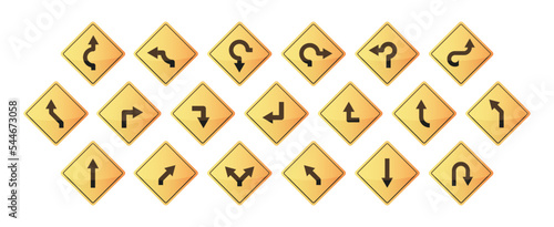 Arrow road sign. Navigation street highway speed warning roundabout reverse symbols, curves turns direction pointers. Vector isolated collection of signpost intersection, winding roadside illustration
