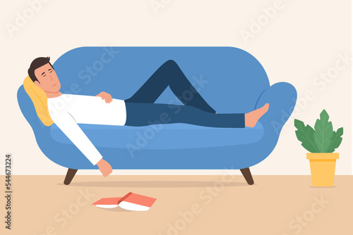 Young man sleeping on sofa with fallen book.Weekend Recreation Concept.Vector illustration