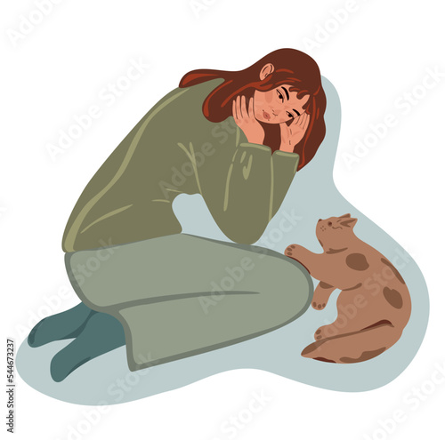 Sad woman looking at cat. Owner of feline sitting on the floor. Flat graphic vector illustration isolated on white background. Girl in depression and loneliness in green clothes.