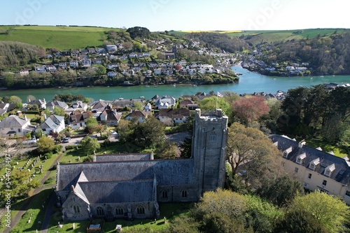 Holy Cross Church Newton Ferrers village in south Devon  England ,drone aerial view.. photo