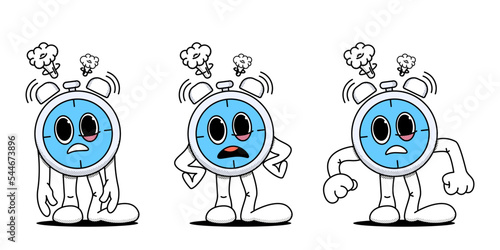 Set of alarm clock, stopwatch in a hurry. Business concept, deadline, early rise. Doodle style. Stock vector illustration of alarm clock, stopwatch in cartoon style. Isolated white background.