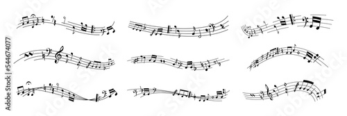 Music notes decoration. Doodle melody tune key symbols flowing on chords, rows of musical crotchets with curves and swirls. Vector isolated set of sound musical melody illustration