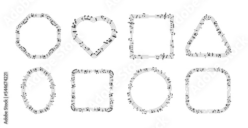 Music notes frame. Musical notation borders stripes abstract artistic composition, musician composer black key sign waves flat style. Vector isolated collection of music frame note illustration