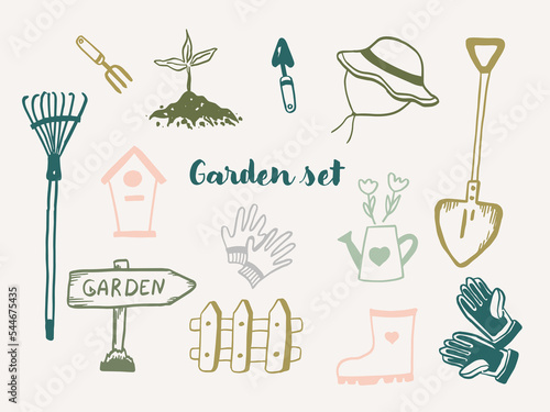 Spring doodle set of garden and flower related doodle illustration, shovel, watering can. Color linear illustration isolated