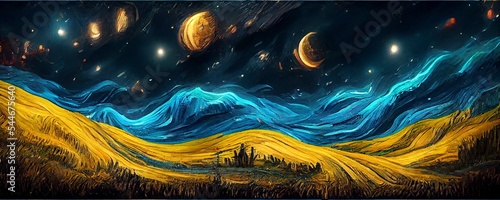 Background illustration inspired by the painting of Vincent Van Gogh - Moonlit Night. Abstract futuristic landscape. Glowing moon and starry sky with planets abstract background. Backdrop.