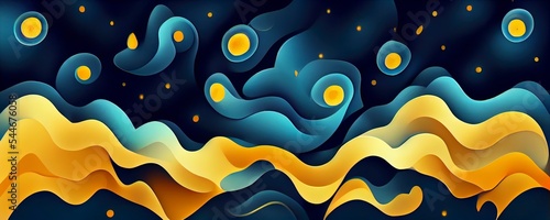 Background illustration inspired by the painting of Vincent Van Gogh - Moonlit Night. Abstract futuristic landscape. Glowing moon and starry sky with planets abstract background. Backdrop.