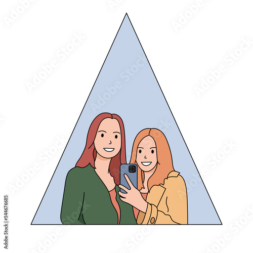 Girls makes selfie in the mirror. Friends or sisters. Women taking picture photo of herself on smartphone. Fashion, Social media concept. Flat outline style. Vector illustration
