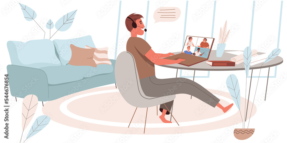 Obraz premium Online education concept in flat design. Man studying remotely from home office. Teacher conducts training on video conference. Webinars, online courses, e-learning people scene.