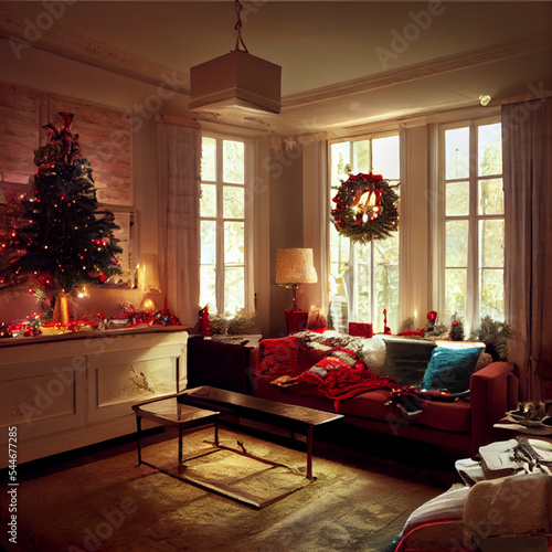 modern cozy living room with christmas decoration 