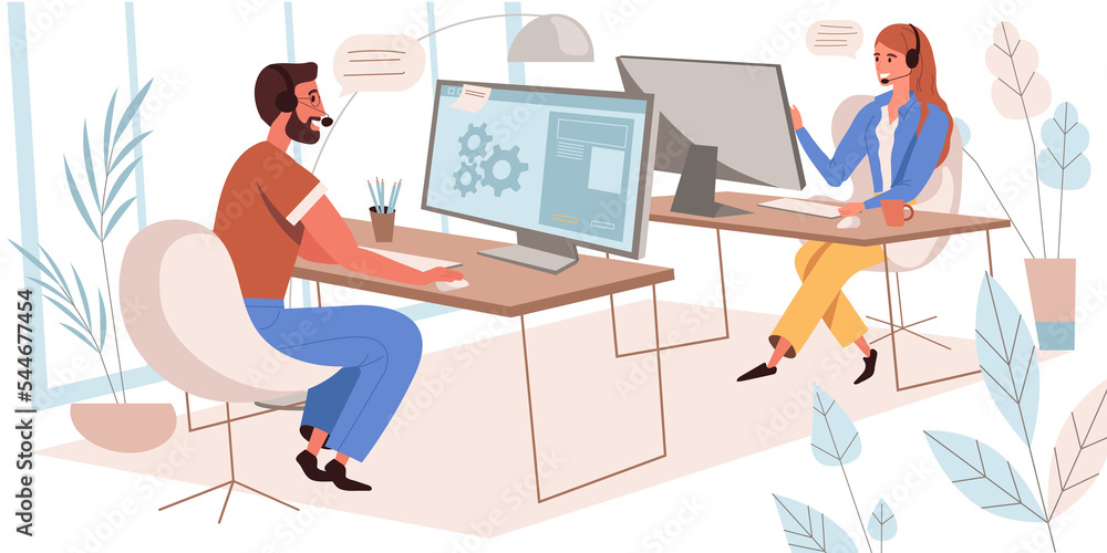 Call center concept in flat design. Operators in headsets working on computers in office people scene. Technical support consultants answer calls and messages from customers. Call center concept in flat design. Operators in headsets working on computers in office people scene. Technical support consultants answer calls and messages from customers.