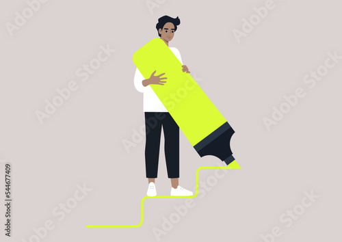 Young male Caucasian character drawing staircase steps with a huge neon yellow highlighter, ambitions and careerism