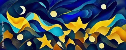 Background illustration inspired by the painting of Vincent Van Gogh - Moonlit Night. Abstract futuristic landscape. Glowing moon and starry sky with planets abstract background. Backdrop.
