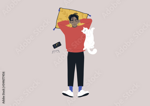 Young male African character taking a day nap together with their cat