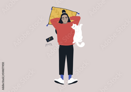 Young female Asian character taking a day nap together with their cat