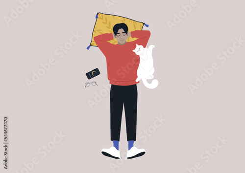 Young male Asian character taking a day nap together with their cat