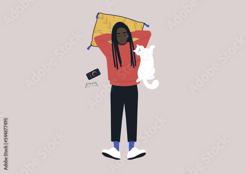 Young female African character taking a day nap together with their cat