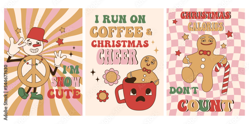 Set of groovy hippie Christmas cards with funny sayings phrases short. Snowman, gingerbread, candy cane