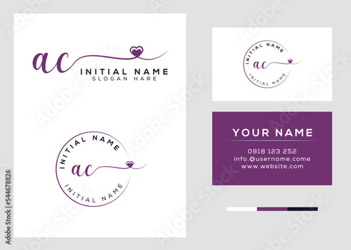 Signature initial ac handwritten heart shape logo with business card template