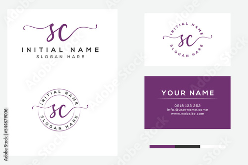 simple elegant initial sc handwriting logo with business card template. photo