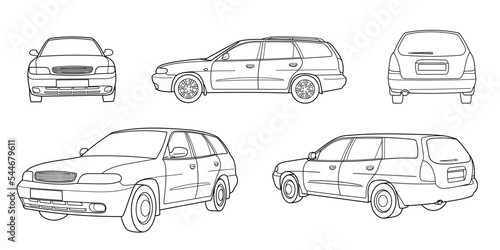 Set of classic station wagon. Different five view shot - front, rear, side and 3d. Outline doodle vector illustration