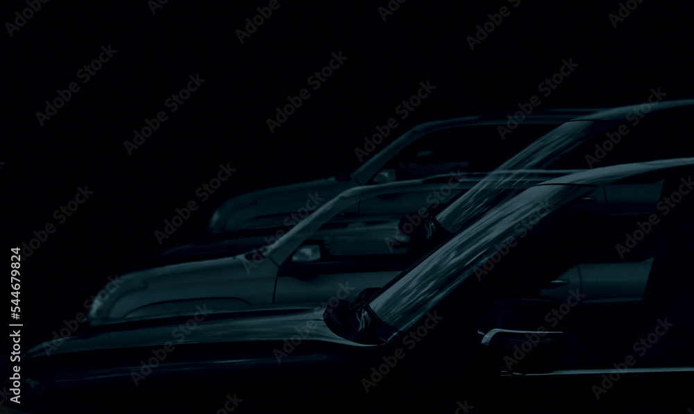 luxury modern SUV Cars For Sale Stock Lot Row. automobile Dealer Inventory. new vehicle For Sale Stock Lot Row. Cars Parked At Parking Lot.  isolated on black background.