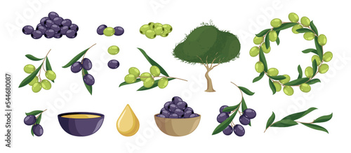 Cartoon olive set. Organic natural green and black products, mediterranean fruit branch leaves tree decorations. Vector isolated collection of olive green branch mediterranean illustration