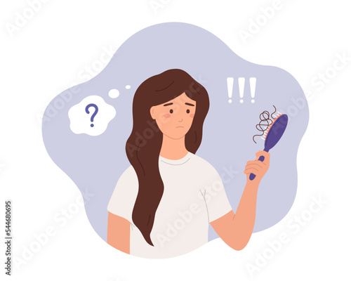 The concept of hair loss, alopecia at young age, baldness. Sad woman with comb in her hand. Vector flat illustration