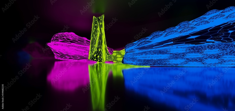 Abstract architectural minimalistic background. Laser show in the ultraviolet spectrum. Modern impulse tunnel. Futuristic space sci-fi frame neon backlight. 3D illustration and rendering.
