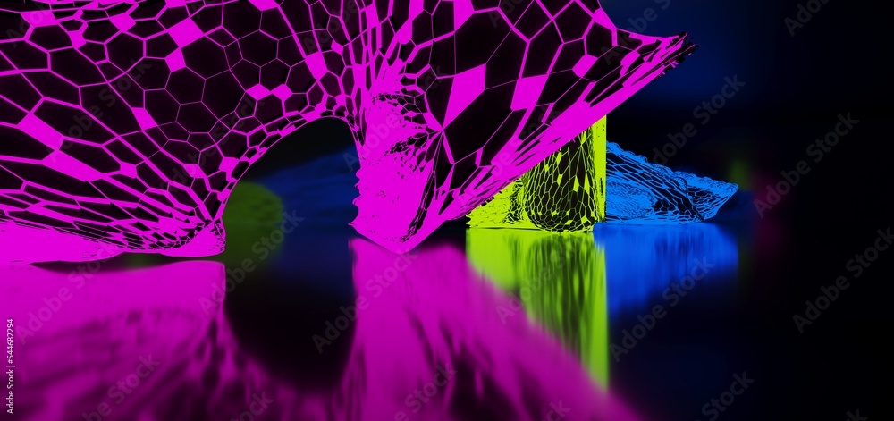 Abstract architectural minimalistic background. Laser show in the ultraviolet spectrum. Modern impulse tunnel. Futuristic space sci-fi frame neon backlight. 3D illustration and rendering.