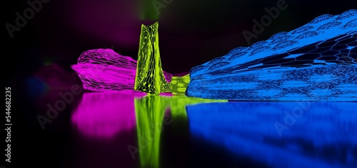 Obraz na płótnie Abstract architectural minimalistic background. Laser show in the ultraviolet spectrum. Modern impulse tunnel. Futuristic space sci-fi frame neon backlight. 3D illustration and rendering. w salonie