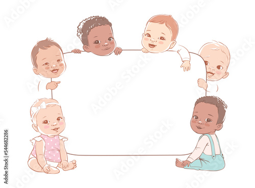 Group of multicultural baby boys and baby girls hold a blank board. Cute little babieson on a white background show a blank poster for text entry. Banner. Vector illustration. Isolated