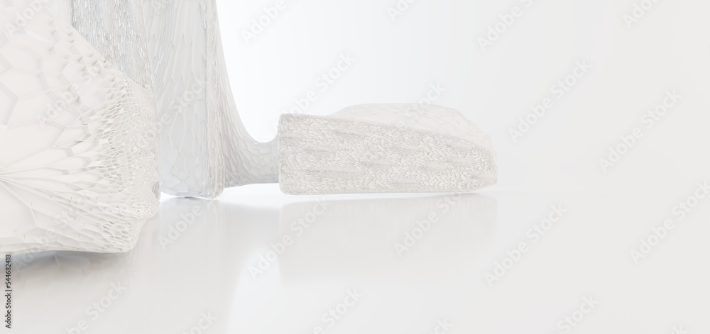 Luxury white abstract architectural minimalistic background. Contemporary showroom. Modern exhibition stand. Empty gallery. Backlight. Polygonal Graphic Design. 3D illustration and rendering.