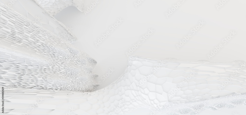 Luxury white abstract architectural minimalistic background. Contemporary showroom. Modern exhibition stand. Empty gallery. Backlight. Polygonal Graphic Design. 3D illustration and rendering.