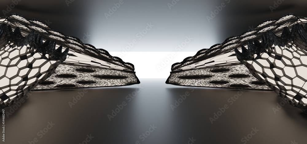 Luxury parametric abstract architectural minimalistic background. Contemporary showroom. Modern black exhibition tunnel. Empty gallery. Neon backlight. Night. Space. 3D illustration and rendering.