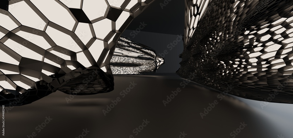 Luxury parametric abstract architectural minimalistic background. Contemporary showroom. Modern black exhibition tunnel. Empty gallery. Neon backlight. Night. Space. 3D illustration and rendering.