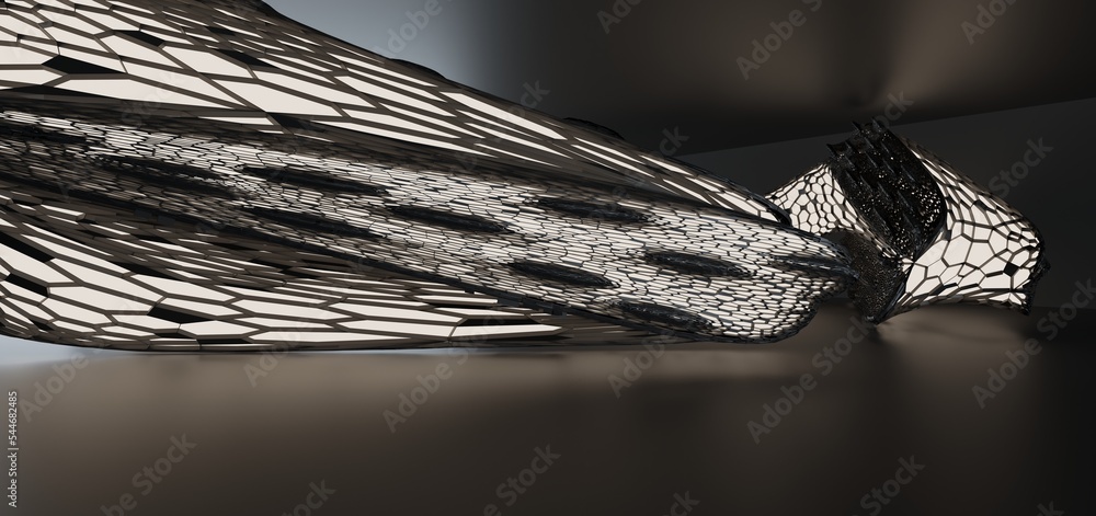 Luxury parametric abstract architectural minimalistic background. Contemporary showroom. Modern black exhibition tunnel. Empty gallery. Neon backlight. Night. Space. 3D illustration and rendering.