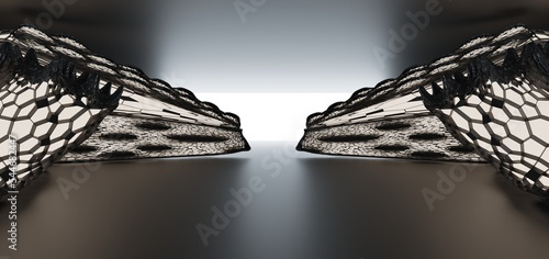 Obraz na płótnie Luxury parametric abstract architectural minimalistic background. Contemporary showroom. Modern black exhibition tunnel. Empty gallery. Neon backlight. Night. Space. 3D illustration and rendering. w salonie