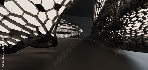 Obraz na płótnie Luxury parametric abstract architectural minimalistic background. Contemporary showroom. Modern black exhibition tunnel. Empty gallery. Neon backlight. Night. Space. 3D illustration and rendering. w salonie