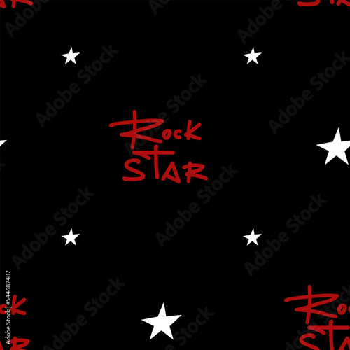 Seamless black pattern with red lettering Rock Star and an illustration of white stars. Pattern lettering for wallpaper, textile, wrapping paper, t-shirt.