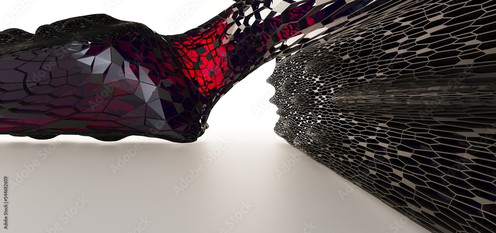 Luxury parametric abstract architectural minimalistic background. Contemporary showroom. Modern black exhibition tunnel. Empty gallery. Stand, table. Interior backlight. 3D illustration and rendering.